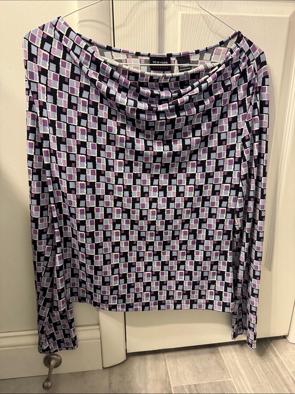New York & Company Lilac and Black Geometric Cowl Neck Top Y2K